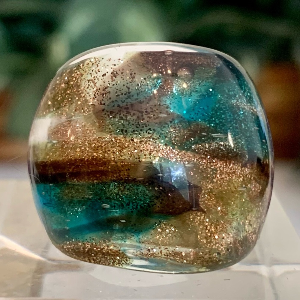 Vintage Murano Style Solid Glass Hand Blown Blue Gold Foil Artisan Ring Size 6